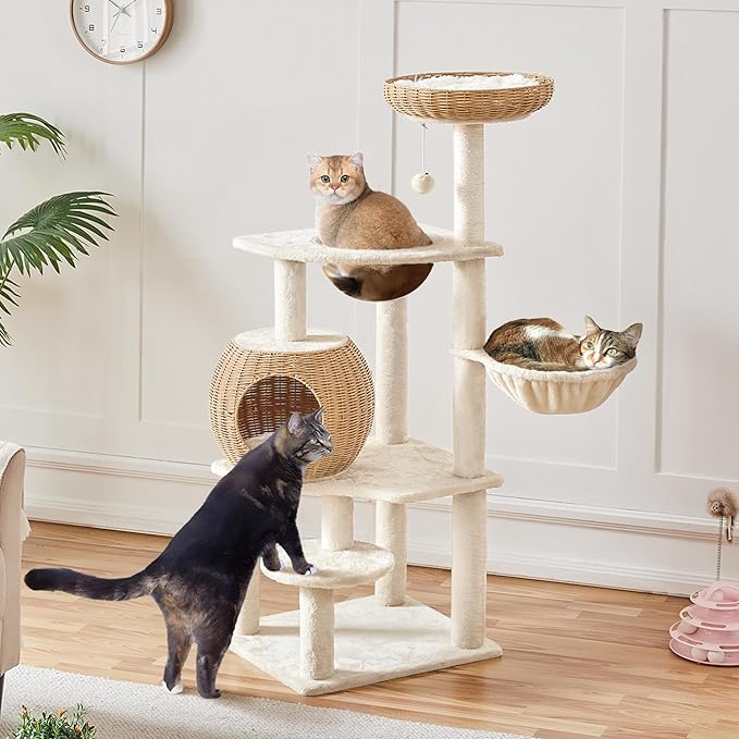 Yaheetech 54in Rattan Cat Tree, Modern Tower with Breathable Woven Condo, Scratching Posts &amp; Washable Cushions, Naturally Cool in Summer, Cute Furniture for Indoor Cats