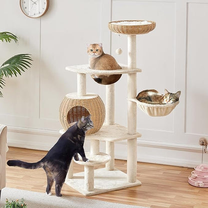 Yaheetech 54in Rattan Cat Tree, Modern Tower with Breathable Woven Condo, Scratching Posts &amp; Washable Cushions, Naturally Cool in Summer, Cute Furniture for Indoor Cats