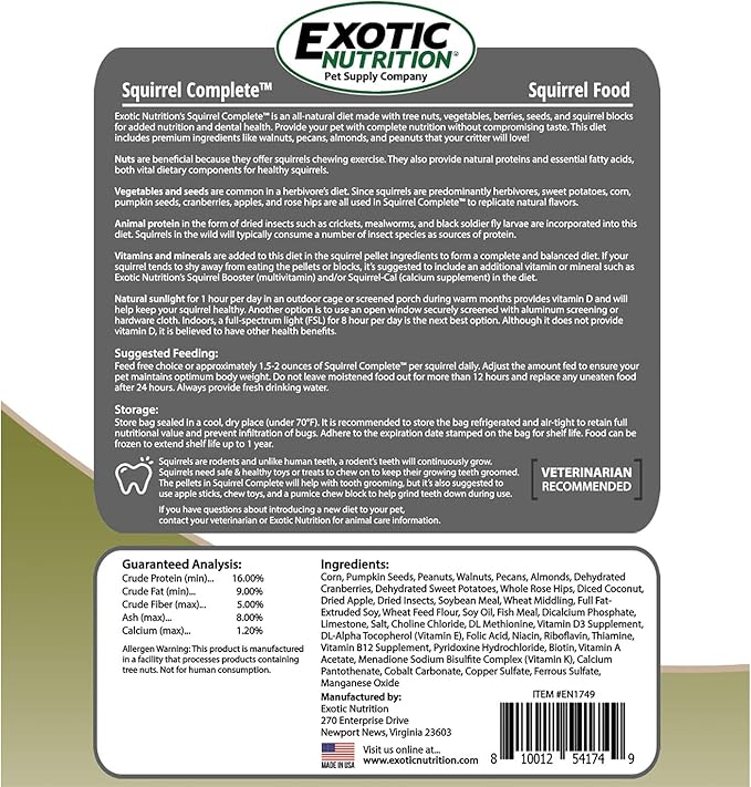Squirrel Complete (15 lb.) - Healthy Natural Food - Nutritionally Complete Diet for Pet &amp; Captive Squirrels - Ground, Grey, and Flying Squirrels, &amp; Chipmunks