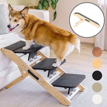 Dog Steps for Bed &amp; Couch 2-in-1 Dog Stairs/Ramp - Height Adjustable Dog Ramp for Couch 7” - 20” - Pet Stairs, Dog Stairs for Small Dogs - Easy to Move Pet Steps with Landing Platform, Natural