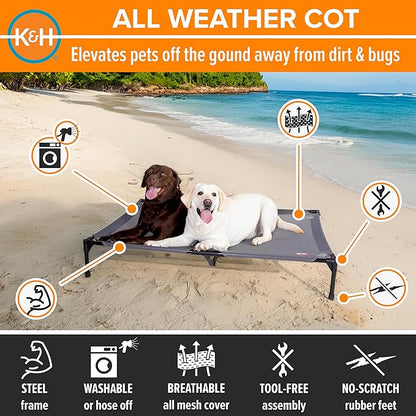 K&amp;H Pet Products Elevated Outdoor Dog Cot Bed, Raised Cooling Bed with Washable Breathable Mesh for Large Dogs, Portable Raised Platform Pet Bed, Heavy Duty Metal Frame Hammock Bed, Jumbo, Gray