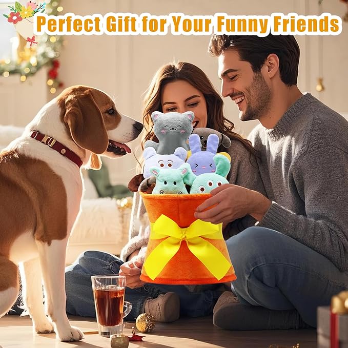 Squeaky Dog Toys, 11 Pcs Interactive Dog Plush Toy Collection in Flower Bouquet Packaging,10 Adorable Animal Plushies for Endless Play &amp; Training