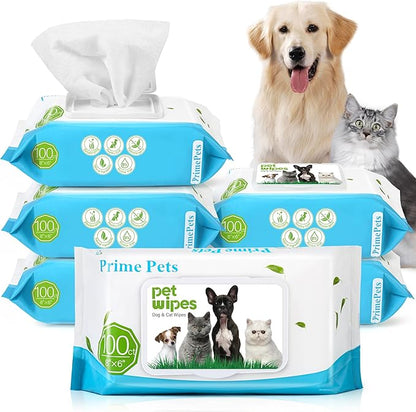 PrimePets Dog Grooming Wipes, 600 Count, 6x8 Inch Deodorizing Wipes for Dogs &amp; Cats, 100% Fragrance Free, Natural Pet Wipes for Cleaning Face Bum Eyes Ears Paws Teeth, Dog Wipes