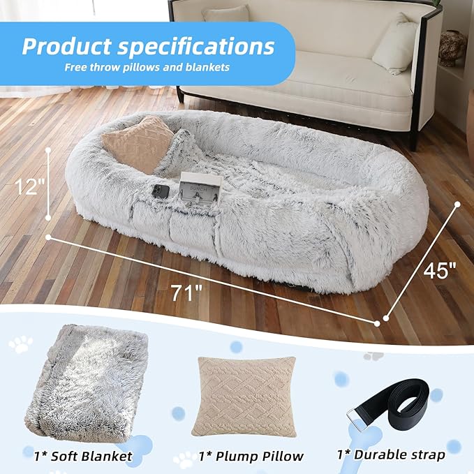 Human Dog Bed - 71"x45"x12" Fits You &amp; Pets, Washable Faux Fur, Orthopedic, Plump Pillow, Blanket, Strap - Grey