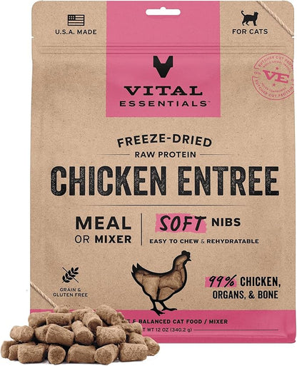 Vital Essentials Freeze-Dried Raw Chicken Meal or Mixer Cat Food Soft Nibs | 99% Chicken, Organs &amp; Bone | 12 oz