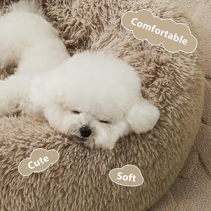 WNPETHOME Calming Dog Bed &amp; Cat Bed,Small Dog Bed Donut Design Faux Fur Anti-Anxiety Dogs Beds,Fluffy Pet Cushion Pet Beds for Small Dogs and Cats (20 x 20 Inch, Brown)