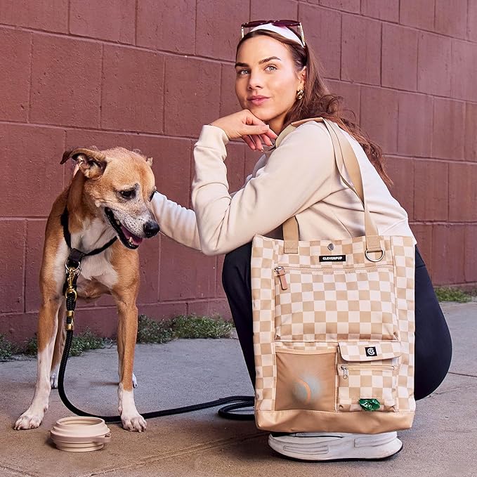 Park Pack 2-Piece Set Dog Gear Tote – Dog Travel Bag with 8 Pockets, Treat Pouch, Poop Bag Dispenser, Quick-Dry Ball Pocket, Collapsible Bowl, Perfect for Walks &amp; Park Trips, Checkerboard