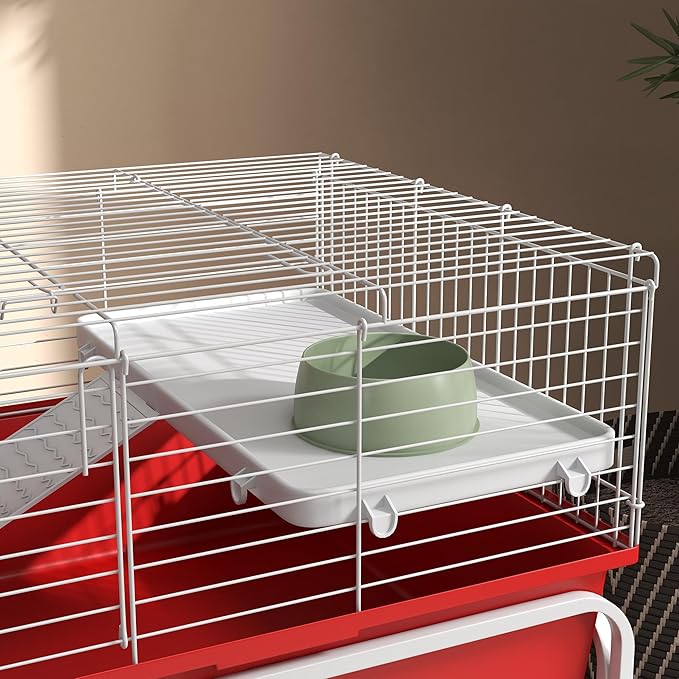 PawHut Two-Story Small Animal Cage Removable from Stand, Guinea Pig Cage with Shelf &amp; Wheels, Pet Habitat for Hedgehog, Chinchilla, Ferret, 39" x 20.5" x 36.5", Red