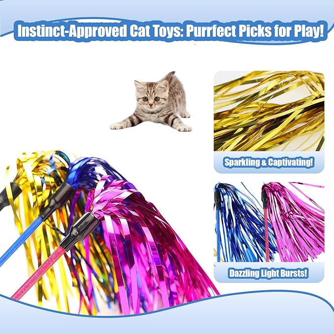 ADUCK Interactive Cat Teaser Wand Toy with Tassels - Durable Cat Chaser for Indoor Kitten Exercise, Boredom Relief &amp; Training Play, Pack of 3 (Gold, Blue, Pink)