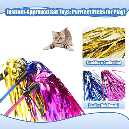 ADUCK Interactive Cat Teaser Wand Toy with Tassels - Durable Cat Chaser for Indoor Kitten Exercise, Boredom Relief &amp; Training Play, Pack of 3 (Gold, Blue, Pink)