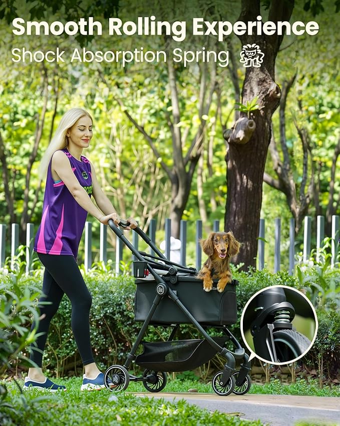 Pet Stroller for Small Dogs and Cats, One-Click Foldable Dog Stroller with Detachable Carrier &amp; 3 Safety Tethers, Holds up to 33 lbs, Storage Basket &amp; Cup Holder, Breathable Mesh, Black