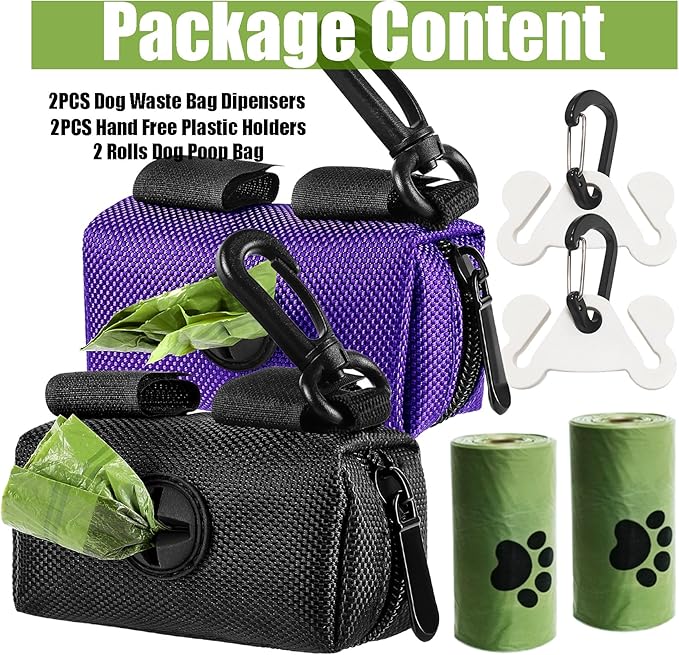 2Packs Dog Waste Bag Dispenser Pet Poop Bags Holder for Doggie Waste Bags Dispensers Soft Fabric Zipper Small Doggy Puppy Pouch for Leash Accessory Attachment with Carrier (Black &amp; Purple)