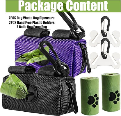 2Packs Dog Waste Bag Dispenser Pet Poop Bags Holder for Doggie Waste Bags Dispensers Soft Fabric Zipper Small Doggy Puppy Pouch for Leash Accessory Attachment with Carrier (Black &amp; Purple)