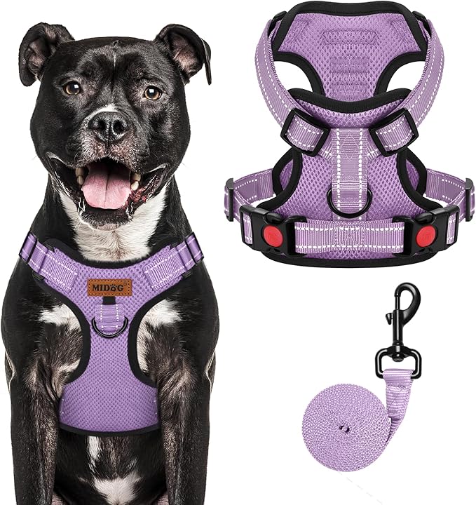 MIDOG No-Pull Dog Harness | Adjustable &amp; Reflective Pet Harness Leash Set for Small Medium Large Dogs Walking, Training| No Choke, Front Clip, Soft Padded Vest with Easy Control Handle - Purple, L