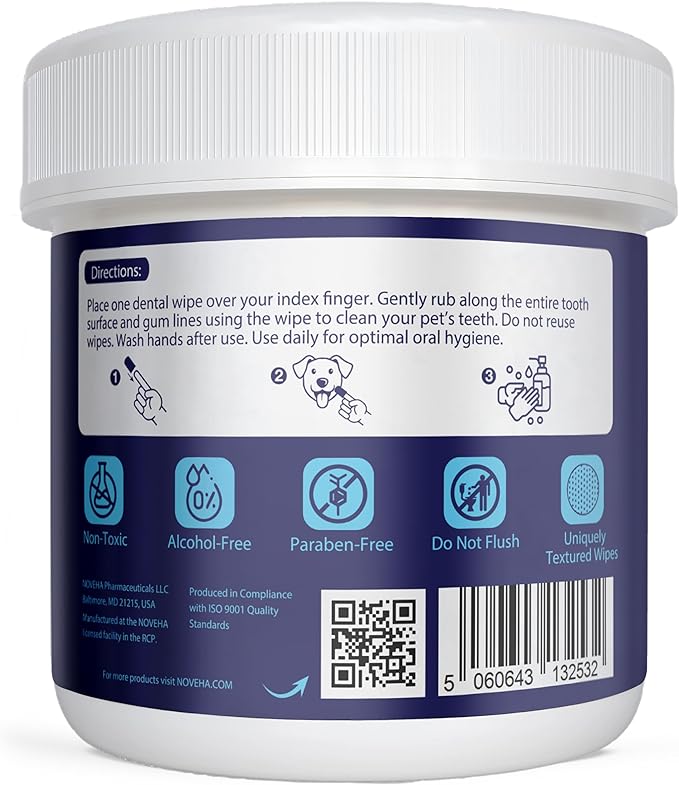 NOVEHA Pets Dental Finger Wipes for Dogs &amp; Cats | Freshens Breath, Reduces Plaque | Healthier Gums | Clean Teeth No Toothbrush | Vet Recommended Effective Natural Oral Care (100 pcs, Mint)