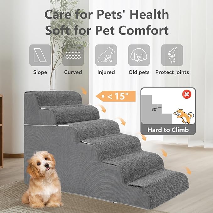 ABORON 𝟲 𝗦𝘁𝗲𝗽𝘀 Dog Steps for High Bed, 26 Inch High Dog Stairs for Small Dogs, Waterproof Pet Stairs for Small Old Large Dogs and Cats with Removable Cover &amp; PE Support Board for Bed/Car/Couch
