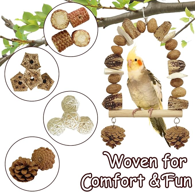 Nut Perch Stand with Interchangeable Materials – Natural, Safe Bird Playset for Beak Exercise &amp; Mental Stimulation