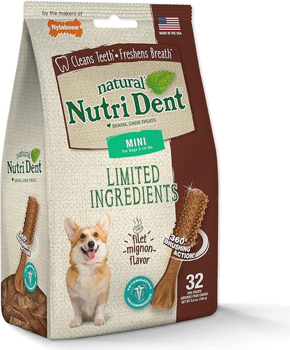 Nylabone Nutri Dent Dog Dental Chews - Natural Dog Teeth Cleaning &amp; Breath Freshener - Dental Treats for Dogs - Filet Mignon Flavor, Mini (32 Count)