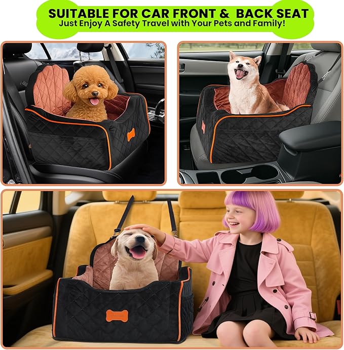 Dog Car Seat for Small Dogs Under 30lbs, Detachable Washable Pet Booster Seat with Safety Belt &amp; Storage Pockets, Travel Car Bed, Black/Brown
