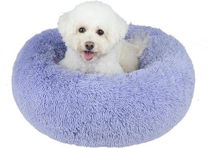 Best Pet Supplies Round Donut Dog Bed with Plush Faux Fur Fabric, Calming, Anti-Anxiety Cushion for Indoor Pets, Slip-Resistant Base, Soft Ergonomic Support - Lavender, 27x27x7.5&