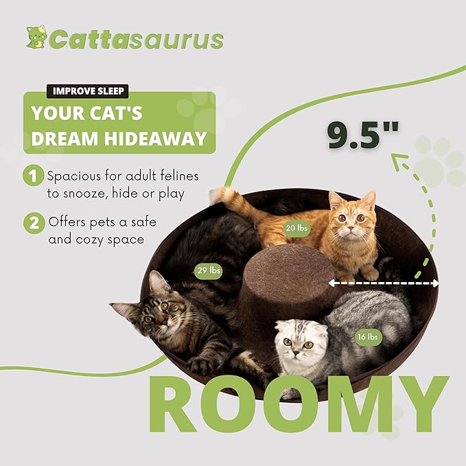 Cattasaurus Peekaboo Cat Cave for Multiple &amp; Large Cats Up to 30-45 Lbs, Scratch Detachable &amp; Washable Tunnel Bed, Comfy Donut Cat Cave (Brown, Jumbo)