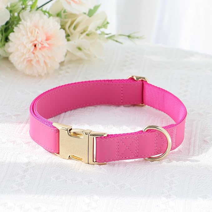 PET ARTIST Soft PU Leather Dog Collar, Bright &amp; Stylish Hot Pink Dog Collar Girl with Quick Release Rose Metal Buckle, Nylon Padded Durable Pet Collars Adjustable for Medium Dogs, Neck Fit 13-19"