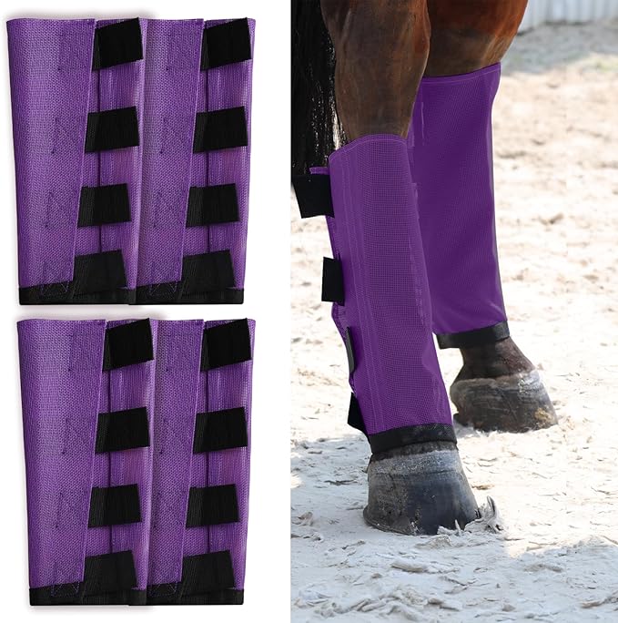 Premium 4-Pack Horse Fly Boots &amp; Leggings Loose-Fit Fine Mesh with Stay-On Fasteners, Support Strips &amp; Anti-Stomp Design Breathable Non-Slip Protection Leg Wrap (Large) Lavender Purple