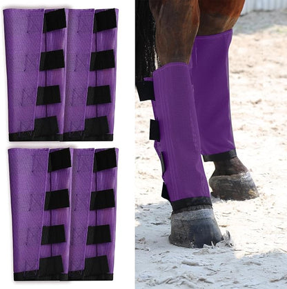 Premium 4-Pack Horse Fly Boots &amp; Leggings Loose-Fit Fine Mesh with Stay-On Fasteners, Support Strips &amp; Anti-Stomp Design Breathable Non-Slip Protection Leg Wrap (Large) Lavender Purple