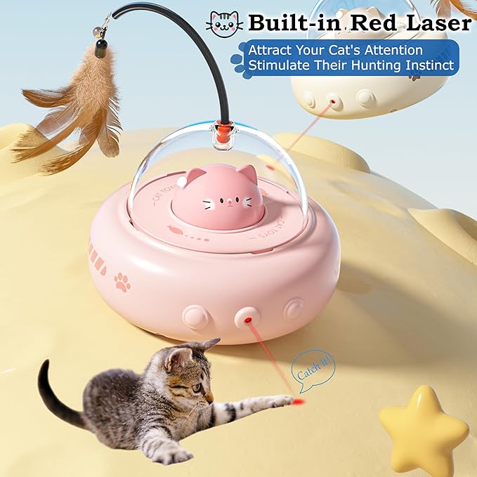 hooroor 2-in-1 UFO Laser Cat Toy – Automatic Motion with Feather, Rechargeable Smart Sensor Interactive Toy for Indoor Cats &amp; Dogs, Fun Exercise &amp; Play, Perfect Pet Gift