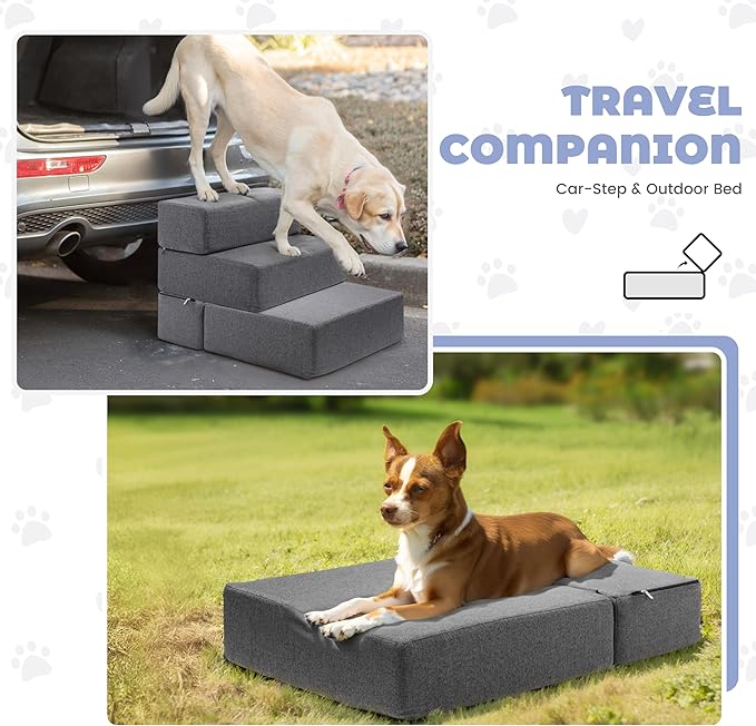 Foldable 18 Inch Wide 3 Step Wide Dog Stairs for Large Dogs, 18 Inch Height Foam Dog Steps for Bed &amp; Couch, Linen Covered Pet Stairs for Dogs to Get on Bed, Outdoor Foam Pet Steps for for Cars &amp; SUV