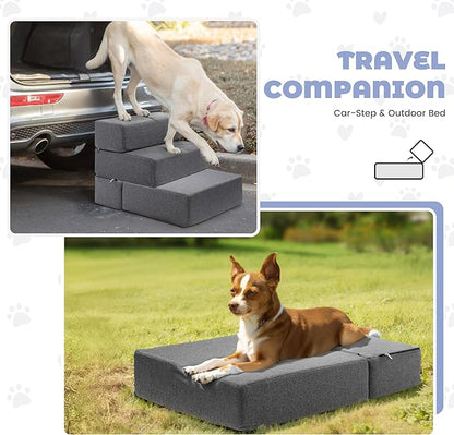 Foldable 18 Inch Wide Dog Stairs for Small Dogs, 12 Inch Height Foam Dog Steps for Bed &amp; Couch, Linen Covered Pet Stairs for Dogs to Get on Bed, Indoor Foam Pet 2 Steps for for Cat and Puppy
