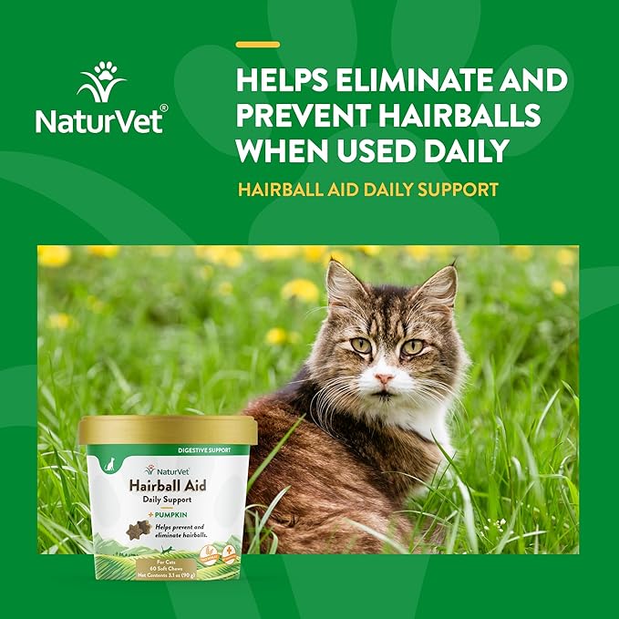NaturVet – Hairball Aid Supplement for Cats - Plus Pumpkin – Helps Eliminate &amp; Prevent Hairballs – 60 Soft Chews