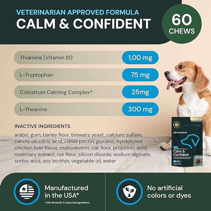 VETRISCIENCE Veterinary Strength Calm &amp; Confident Chews - Stress Supplement for Pets - Supports Brain Function for Cats &amp; Dogs - with L-Theanine, Thiamine &amp; More - 60 Count