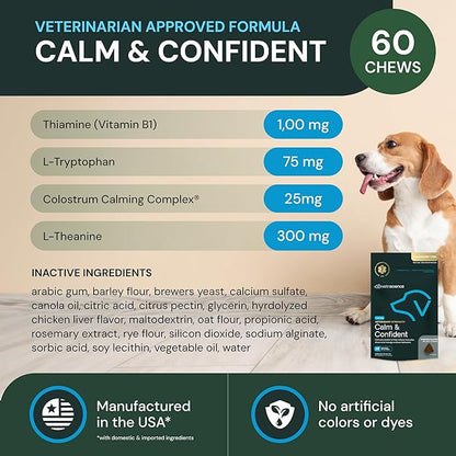 VETRISCIENCE Veterinary Strength Calm &amp; Confident Chews - Stress Supplement for Pets - Supports Brain Function for Cats &amp; Dogs - with L-Theanine, Thiamine &amp; More - 60 Count