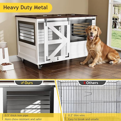 47 inch XL Dog Crate Furniture with Top-Access Teasing/Feeding Doors, Farmhouse Wooden Decorative Dog Crates with Wheels, Chew-Resistant Dog Crates End Table for Medium&amp;Large Dogs, White