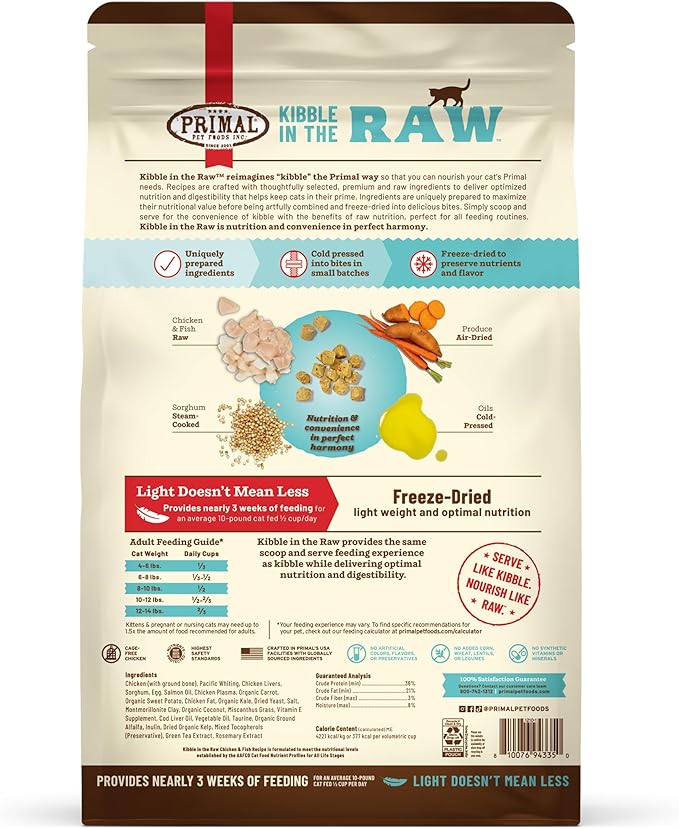 Primal Kibble in The Raw, Freeze Dried Cat Food, Chicken &amp; Fish, Scoop &amp; Serve, Made with Raw Protein, Whole Ingredient Nutrition, Crafted in The USA, Dry Cat Food, 24 Ounce (1.5 lb) Bag