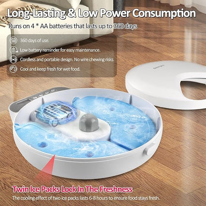 Automatic Cat Feeder Wet Food, Battery Operated Auto Wet/Dry Food Feeder with 2 Ice Packs, Cordless Programmable Timer Pet Auto Dispenser for Cat and Small &amp; Medium Dog (4-Meals &amp; Battery Included)