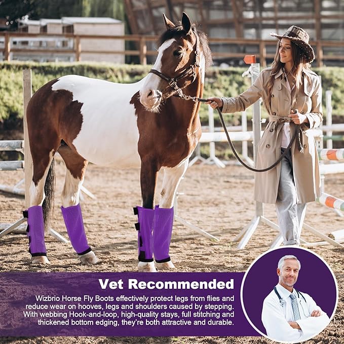 Premium 4-Pack Horse Fly Boots &amp; Leggings Loose-Fit Fine Mesh with Stay-On Fasteners, Support Strips &amp; Anti-Stomp Design Breathable Non-Slip Protection Leg Wrap (Large) Lavender Purple