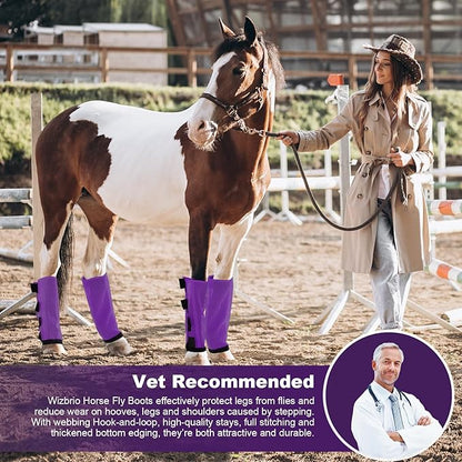 Premium 4-Pack Horse Fly Boots &amp; Leggings Loose-Fit Fine Mesh with Stay-On Fasteners, Support Strips &amp; Anti-Stomp Design Breathable Non-Slip Protection Leg Wrap (Large) Lavender Purple