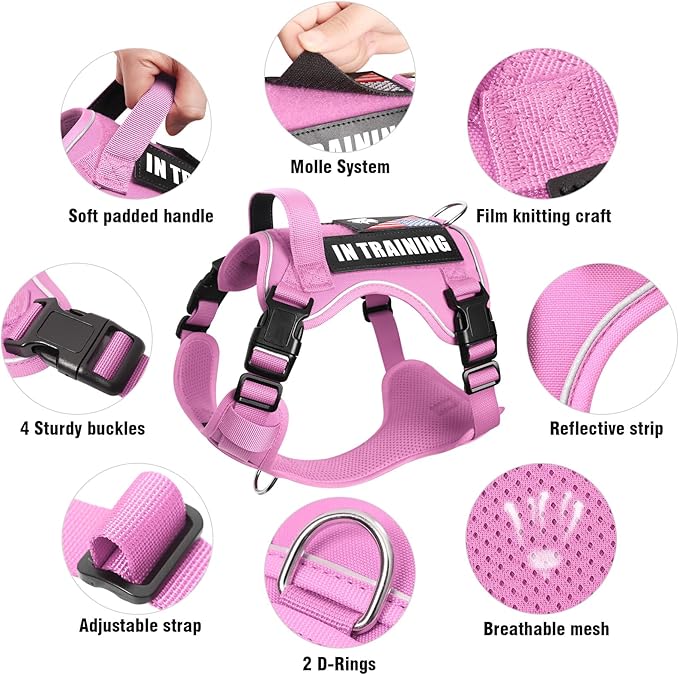 WINSEE Service Dog in Training Harness with 5 PCS Patches, Reflective Tactical Dog Vest Harness, Adjustable Soft Oxford Pet Harness with Easy Control Handle, Hook &amp; Loop Panels for Walking Hiking