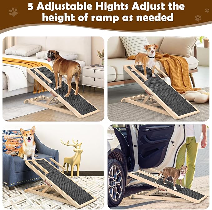 Dog Ramp for Couch, Bed or Car, Wooden 44" Long Pet Stairs for Small &amp; Large Old Dogs &amp; Cats, Hold up to 200lb, 5 Adjustable Height from 14.96" to 22", Portable Doggie Steps, Excellent Traction
