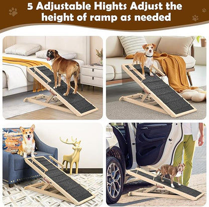 Dog Ramp for Couch, Bed or Car, Wooden 44" Long Pet Stairs for Small &amp; Large Old Dogs &amp; Cats, Hold up to 200lb, 5 Adjustable Height from 14.96" to 22", Portable Doggie Steps, Excellent Traction