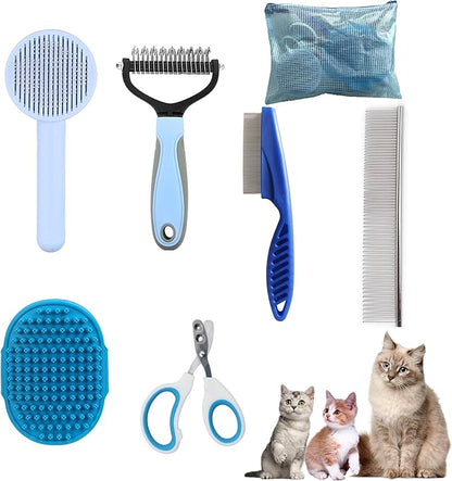 Cat Grooming Brush Kit 6 Tools - Deshedding &amp; Dematting for Long/Short Hair, Self-Cleaning Slicker Brush with 6-in-1 Flea Comb for Cats &amp; Kittens (Blue)
