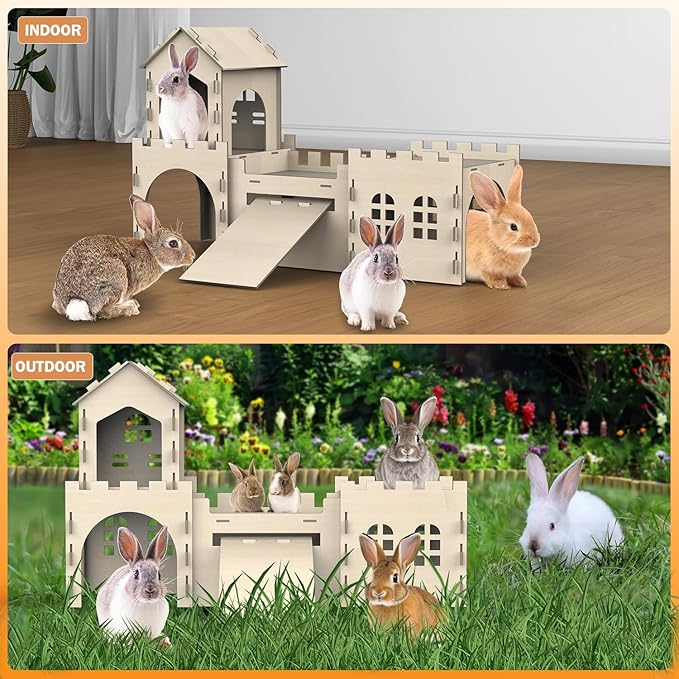 Large Bunny House and Hideouts, Wooden Dual-Layer Rabbit Castle with Stair, Rubber Band-Free Setup - Chew-Proof, Sturdy Habitat for Guinea Pig Chinchilla Ferret (Rabbit House with Tunnels &amp; Tubes)