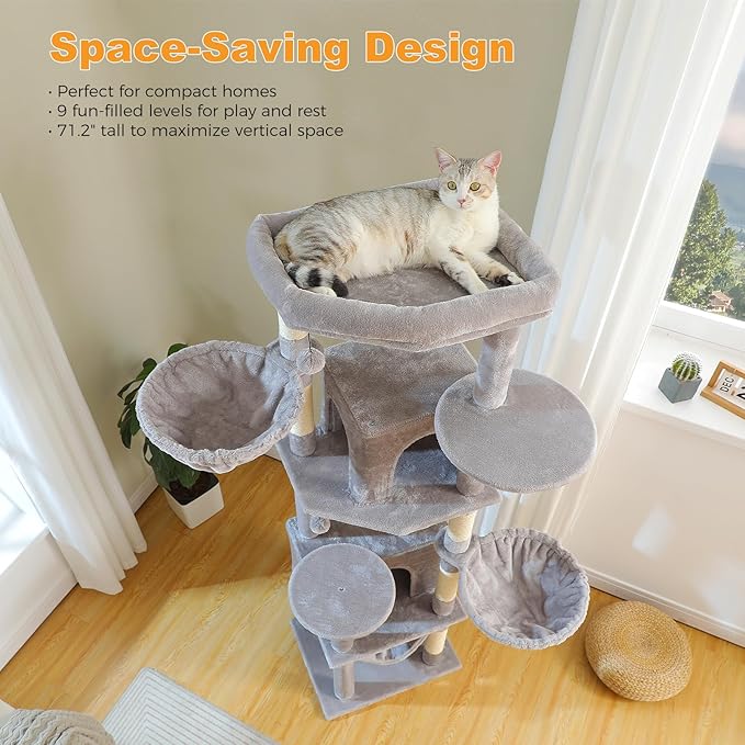 71.2" Tall Cat Tree for Indoor Cats - 9-Level Multi-Cat Tower w/5 Sisal Scratching Posts, 2 Condos, 3 Hammocks, Perch &amp; Pom Poms - Heavy-Duty for Adult Cats, Space-Saving Plush Gray