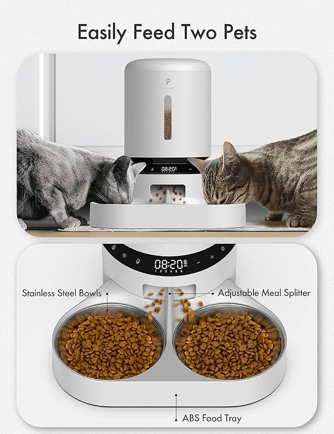 PETLIBRO Automatic Cat Food Dispenser for 2 Pets 5L Auto Dog Feeder Dry Food Dispenser with Splitter &amp; 2 Stainless Bowls, 10s Meal Call and Timer Setting 50 Portions 6 Meals Per Day, Dual Tray Feeder