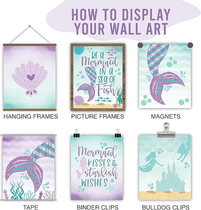Hadley Designs 6 Mermaid Wall Decor – Reversible Magical Mermaid Wall Art for Nursery &amp; Bathroom, Under the Sea Unframed Ocean-Themed Room Decor Prints for Girls&