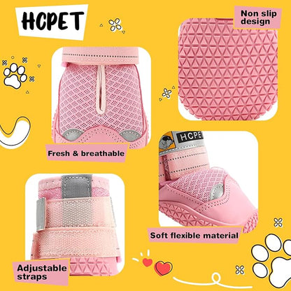 Hcpet Dog Shoes for Large Dogs, Breathable Dog Booties for Small Medium Dogs, Anti-Slip Dog Boots &amp; Paw Protectors for Hot Pavement Winter Snow Hiking with Reflective Straps Pink Size 1
