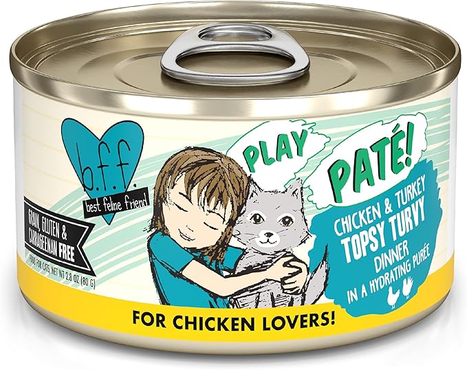 Weruva B.F.F. Play - Best Feline Friend Paté Lovers, Aw Yeah!, Chicken &amp; Turkey Topsy Turvy with Chicken &amp; Turkey, 2.8oz Can (Pack of 12)