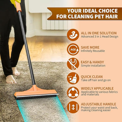 3 in 1 Carpet rake Kit for Pet Hair Removal Tool - Reusable Pet Hair Remover broom w 58"Adjustable Long Handle, Dog &amp; Cat Carpet Scraper, Pet Hair Remover for Rugs, Mats, Couch, Curtains(Orange)